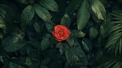 Poster - A red rose with water droplets surrounded by green leaves, photographed in soft natural light to enhance its vibrant color