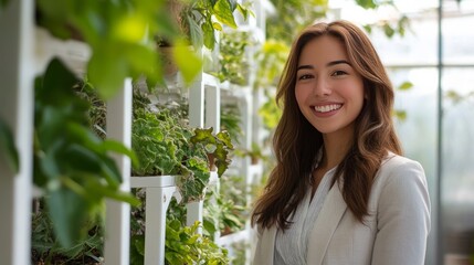 Surrounded by greenery and natural light, a cheerful woman dressed in business casual stands next to an interior garden wall with plants growing on white trellises.