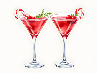 Two festive cocktails in martini glasses with candy canes, cranberries, and rosemary garnish.