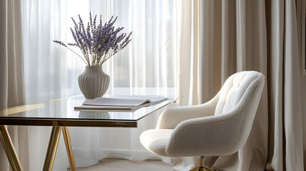 Sticker - A serene workspace bathed in sunlight, featuring a glass desk, a plush chair, and a vase of lavender.