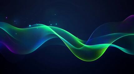 Wall Mural - An abstract blue background with a dark gradient and a neon green wavy line in the center that glows.