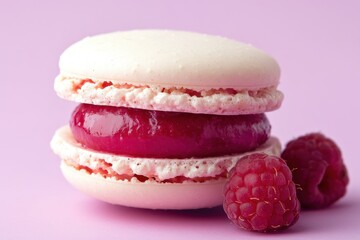 Wall Mural - Raspberry Macaron Dessert With Fresh Raspberries