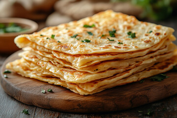 Golden pancakes piled high on wooden board, garnished with fresh parsley, celebrating traditional shrove tuesday feast