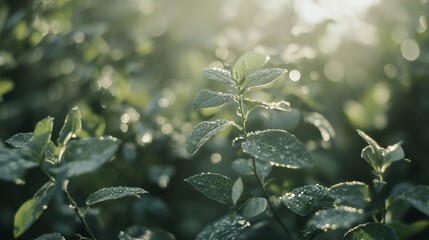 Poster - Close-up of fresh green leaves with morning dew under bright sunlight, symbolizing growth, freshness, and new beginnings for the New Year