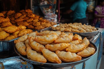 Trays of baklava at a market or pastry shop, ready for purchase. These pastries are often enjoyed with tea and are a popular treat in Middle Eastern cuisine.