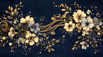 Wall Mural - Floral explosion on a dark blue background with intricate gold filigree, floral patterns, gold accents, sophisticated, vintage style. Floral Explosion. Illustration