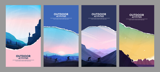 Vector illustration. Travel concept of discovering, exploring and observing nature. Adventure tourism background with tear paper overlay.  Design for flyer, voucher, coupon, leaflet. Flat landscape