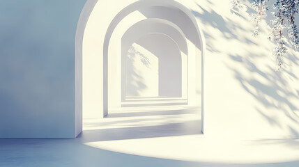 Wall Mural - Serene architectural arch with soft natural light and shadows creating a calming contemplative ambiance. luminous arch. illustration. Luminous Shadows. Illustration