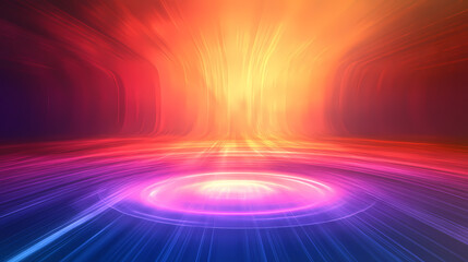 Wall Mural - Fantasy abstract colorful background featuring lines with a red to orange to purple gradient and a circular light effect at the bottom center. Luminous Shadows. Illustration