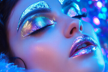 Wall Mural - Captivating beauty look featuring shimmering colors and sparkling makeup under vibrant lights