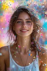 Smiling young woman surrounded by colorful confetti at a festive outdoor celebration during daytime