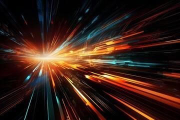 Wall Mural - abstract streaks of orange, blue, and yellow light converge in a central point on a black background