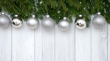 Sticker - Winter holiday decoration featuring silver ornaments and pine branches on a snowy wooden background