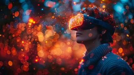 Wall Mural - a person wearing vr goggles surrounded by glowing orbs of light. ai generative. .