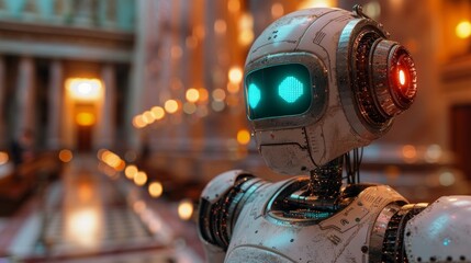 A close up of a white robot's face in a dimly lit environment. The robot has blue glowing eyes and a red light in its ear. AI generative. .