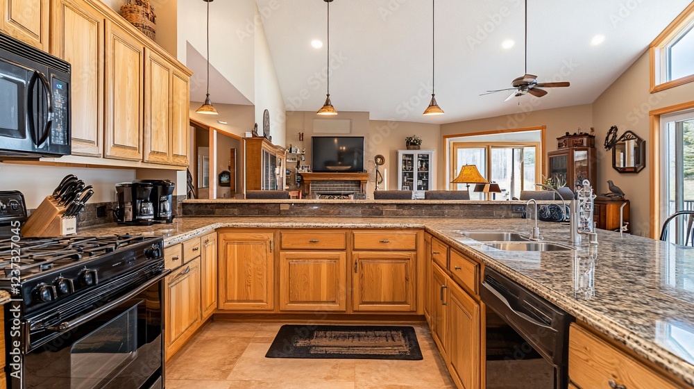 Spacious and well equipped kitchen with wooden cabinets and modern appliances