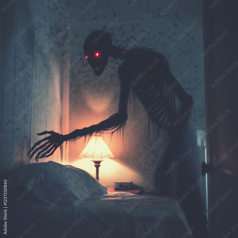Terrifying shadowy monster with glowing red eyes looming over a bed in ...