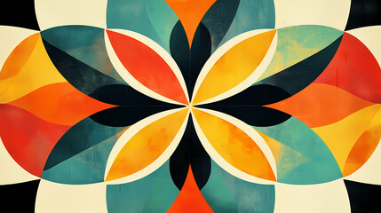 Wall Mural - Colorful abstract vintage texture featuring a bright flower and geometric patterns illustrated in a kaleidoscopic style. Kaleidoscopic Patterns. Illustration