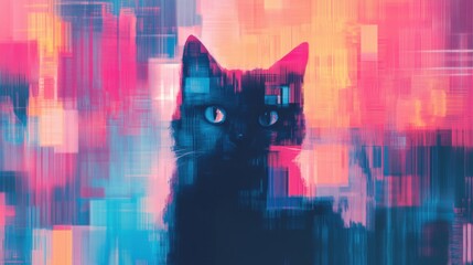 Wall Mural - a cute black cat stands against an abstract digital data grid, blending vibrant colors and patterns 