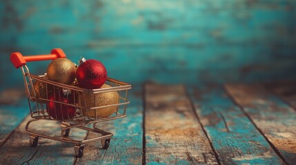 Sticker - A shopping cart is filled with red and gold Christmas ornaments, displayed on a rustic wooden floor with a blue backdrop