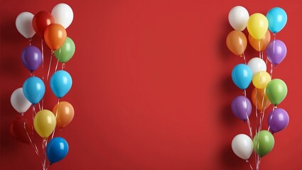 Wall Mural - floating colorful balloons on plain red background with space for text