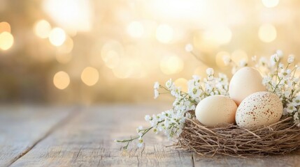 Wall Mural - A rustic nest holds simple, natural eggs surrounded by delicate white flowers, creating a serene atmosphere in soft lighting