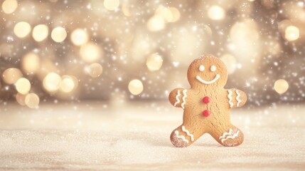 Wall Mural - A cheerful gingerbread man with a smiling face and buttons stands out against a warm, festive scene of twinkling lights and soft snow