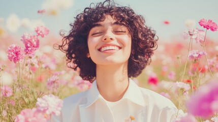 Wall Mural - A joyful girl with curly hair smiles brightly while surrounded by colorful flowers in a sunny field during springtime