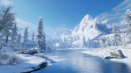Majestic snow covered mountains and a serene frozen lake create a winter wonderland scene