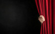 © RookStock - Hand pulling back a red theater curtain with copy space, dramatic concept symbolizing anticipation, performance, and the beginning of a show