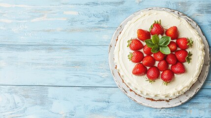 Wall Mural - An inviting strawberry topped cake sits on a rustic wooden table, showcasing vibrant strawberries and creamy frosting for a delightful dessert