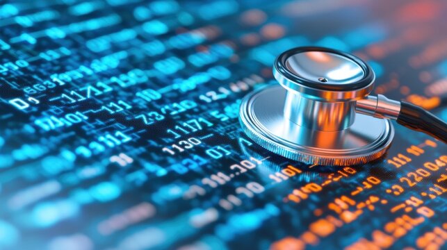 a stethoscope rests elegantly on a vibrant digital health data background, symbolizing the fusion of