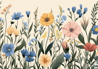 Canvas Print - Beautiful floral pattern illustration featuring vibrant flowers in pastel colors against a soft background, perfect for spring themed projects