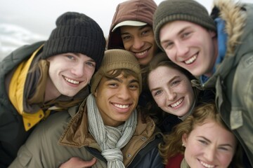 Wall Mural - Group of friends in winter clothes looking at camera, smiling, laughing.