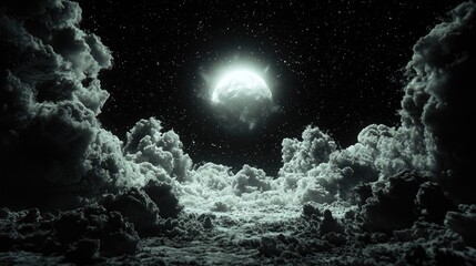 Night sky, full moon above cloudscape, starry background, fantasy art, ideal for dreamscape design