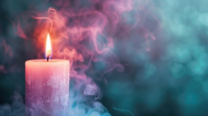 Wall Mural - a glowing candle releases swirling smoke in a vibrant dark blue and purple atmosphere, enhancing the