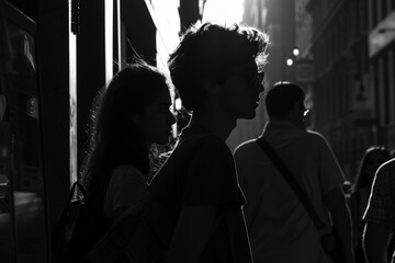 Canvas Print - Silhouette of a young couple in the city at night.