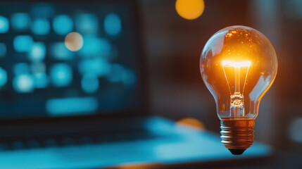 Canvas Print - glowing lightbulb symbolizes creativity and innovation, set against blurred computer screen background. This captures essence of inspiration in modern workspace