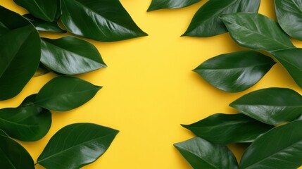 Wall Mural - lush green leaves create a striking contrast against a vivid yellow background, emphasizing the fres