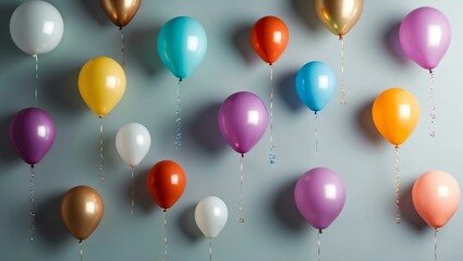 Wall Mural - floating colorful balloons on pastel gray background