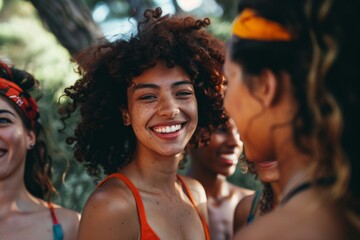 Wall Mural - Group of diverse friends having fun together at a beach. Group of young people having fun outdoors.