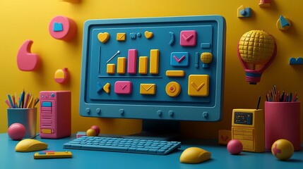 Colorful Desktop Showing Data Analytics And Social Media Icons