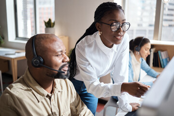 Fototapete - Teaching, computer or people in customer service training with leader for learning telemarketing or support. Help, talking or coaching agent for consulting advice, call center or question in business