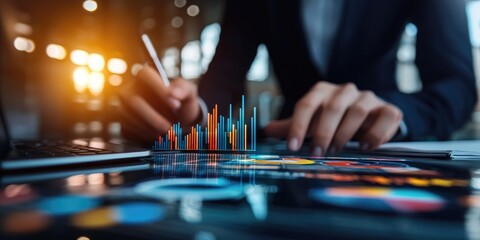 Fototapete - A Person Analyzing Data and Information on Multiple Screens with Colorful Graphics and Visualizations in a Modern Digital Environment