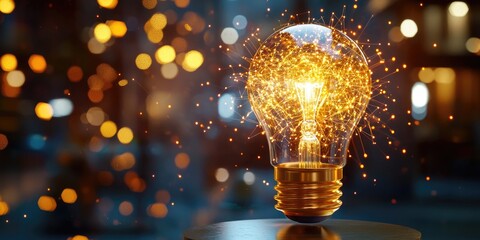Poster - Bright glowing light bulb with intricate network design elements and sparkling particles over a dark blue background that conveys innovation and creativity