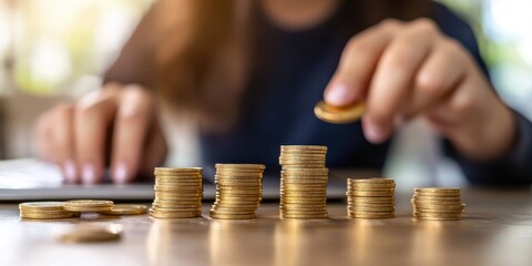 Poster - Businesswoman Working on Financial Analysis with Laptop, Charts, and Gold Coins on Table, Promoting Investment Strategies and Economic Growth
