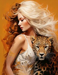 beautiful digital art of woman with leopard, contemporary abstract image for poster art or card
