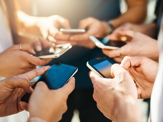 Leinwandbilder - People, hands and texting with phone screen for network, communication or data sync together. Closeup, huddle or group with mobile smartphone for connectivity, social media or global software app