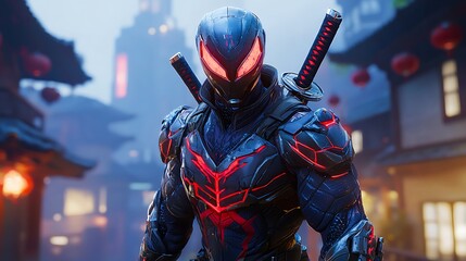 Wall Mural - Futuristic ninja warrior in cyberpunk city, katana swords.
