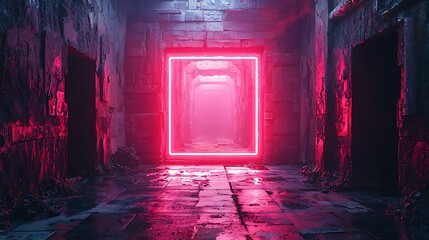 Wall Mural - Pink neon portal in decaying corridor; futuristic background; video game asset.